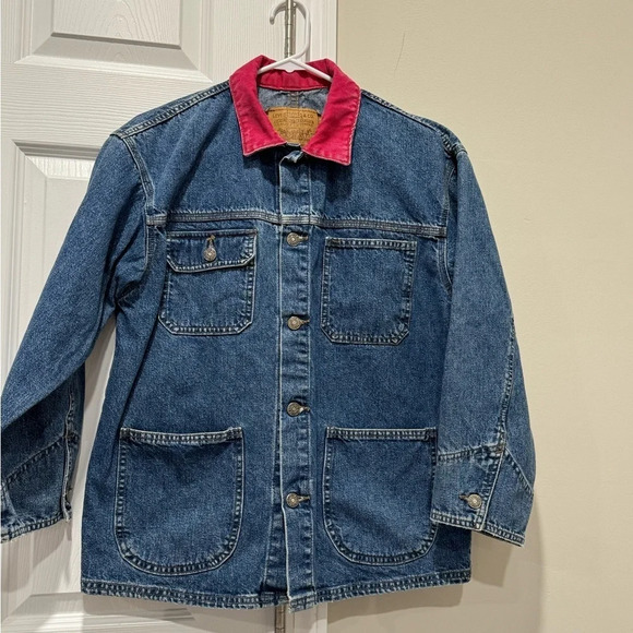 Vtg 90s made in USA Levi denim blue jean jacket with pink wine collar Sz: M